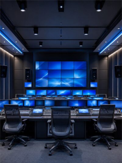 A broadcast control gallery with a bank of monitors lit in blue.