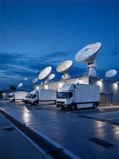 Satellite uplink trucks and dishes in the distribution yard at night.