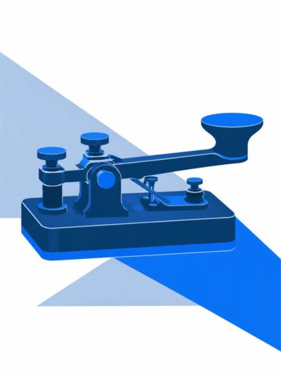 A navy telegraph key on a blue graphic ground, the historic emblem of the wire room.