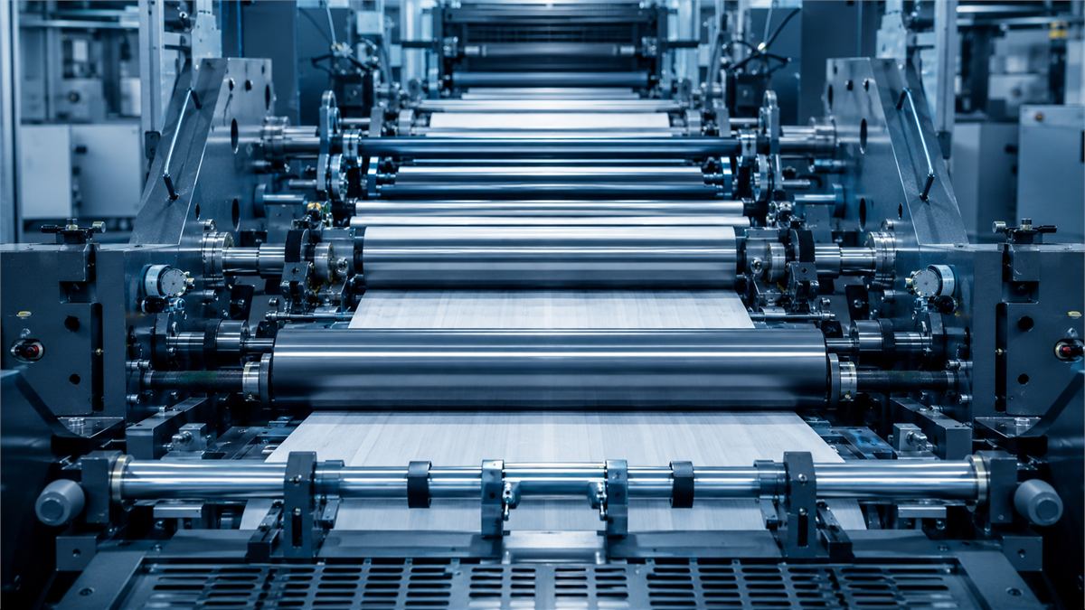 Newsprint running through the web offset line at the Coldharbour print plant.
